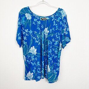 Rainbow Jo Hawaii Womens 3XL Blue Green Floral Bias Cut Short Sleeve Top Blouse